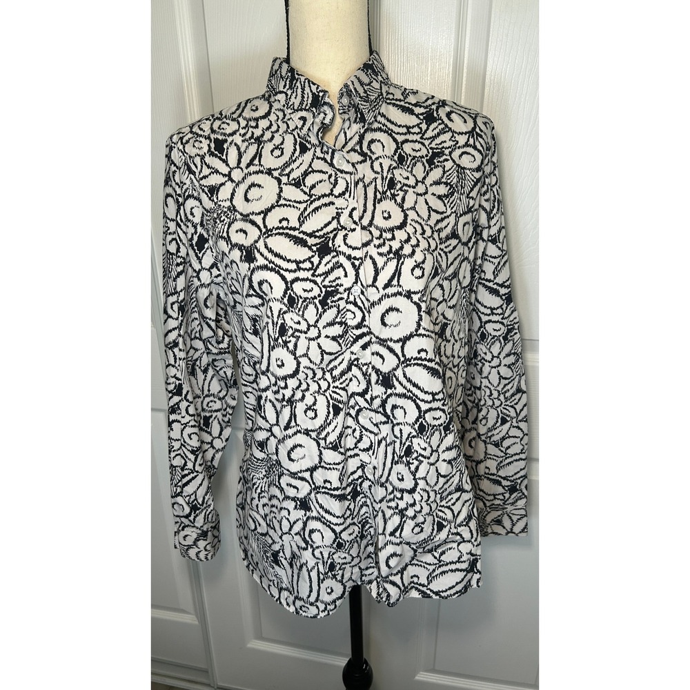 Lands End Button Down Shirt Size 12 White Navy Supima Cotton Abstract Floral